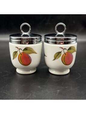 Vtg Royal Worcester Evesham Porcelain King Egg Coddler w Lids Set 2